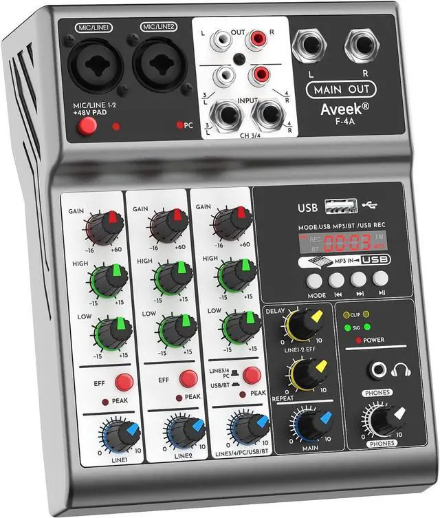Main image of Professional Audio Mixer, Sound Board Mixing Console with 4 Channel Digital USB Bluetooth Echo Delay Effect, Input 48V Phantom Power Stereo DJ Mixers for Recording, Live Streaming, Podcasting