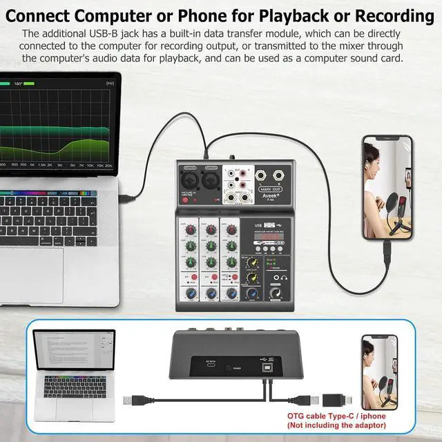 Alt view image 3 of 7 - Professional Audio Mixer, Sound Board Mixing Console with 4 Channel Digital USB Bluetooth Echo Delay Effect, Input 48V Phantom Power Stereo DJ Mixers for Recording, Live Streaming, Podcasting