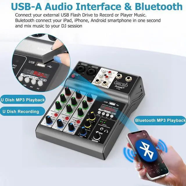 Alt view image 4 of 7 - Professional Audio Mixer, Sound Board Mixing Console with 4 Channel Digital USB Bluetooth Echo Delay Effect, Input 48V Phantom Power Stereo DJ Mixers for Recording, Live Streaming, Podcasting