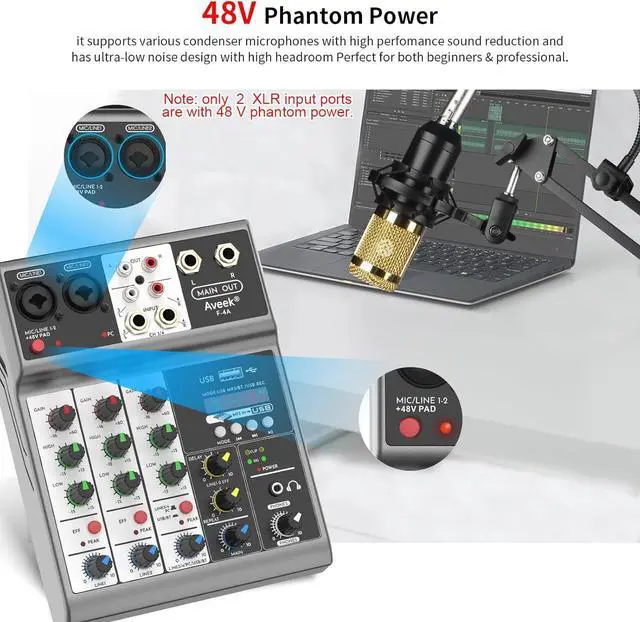 Alt view image 5 of 7 - Professional Audio Mixer, Sound Board Mixing Console with 4 Channel Digital USB Bluetooth Echo Delay Effect, Input 48V Phantom Power Stereo DJ Mixers for Recording, Live Streaming, Podcasting