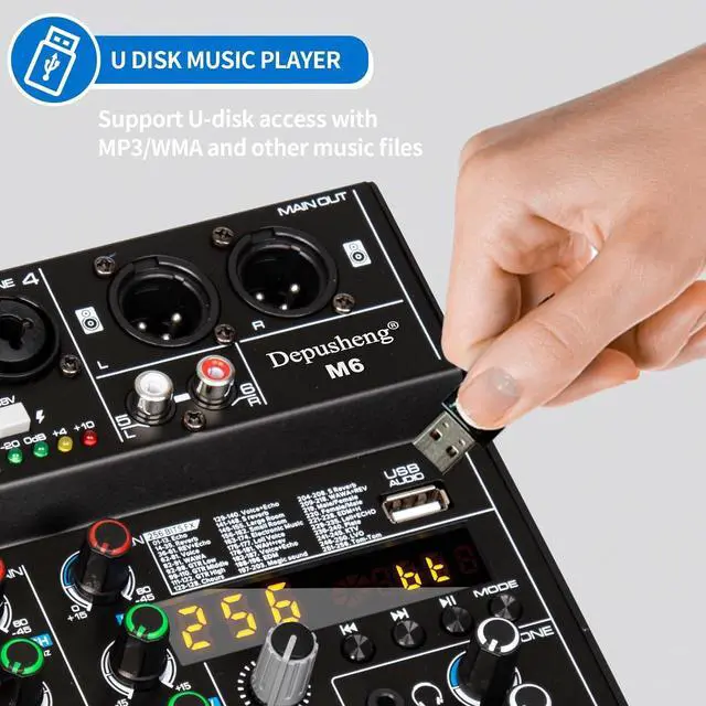 Alt view image 2 of 7 - M6 6 channel DJ mixer Portable Bluetooth MP3 Sound Mixing Console Built-in 256 digital effects with 48V Phantom Power, USB interface for computer recording Live Streaming,Podcasting,Karaok