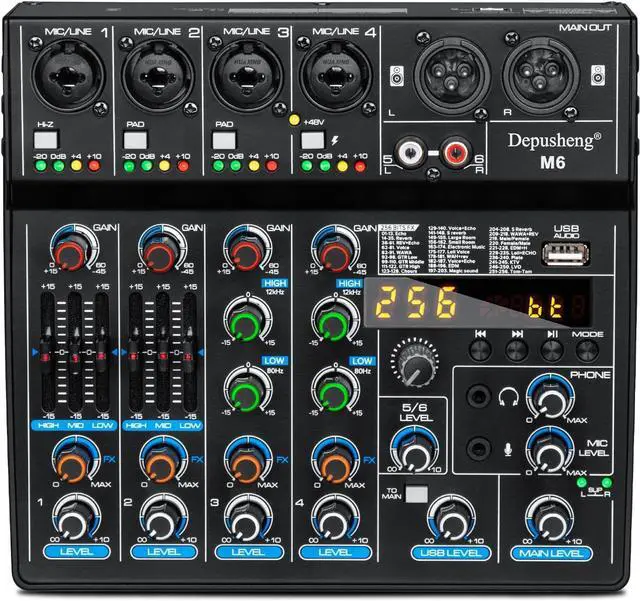 Main image of M6 6 channel DJ mixer Portable Bluetooth MP3 Sound Mixing Console Built-in 256 digital effects with 48V Phantom Power, USB interface for computer recording Live Streaming,Podcasting,Karaok