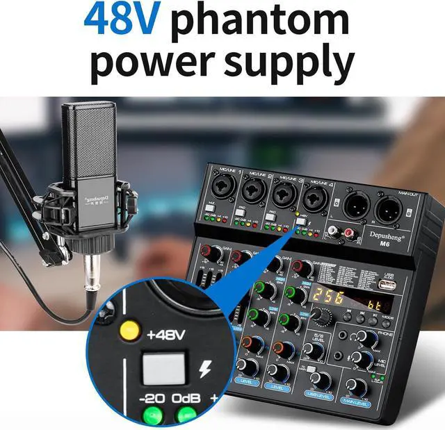 Alt view image 4 of 7 - M6 6 channel DJ mixer Portable Bluetooth MP3 Sound Mixing Console Built-in 256 digital effects with 48V Phantom Power, USB interface for computer recording Live Streaming,Podcasting,Karaok