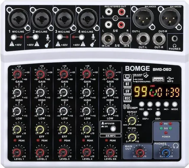 Main image of 6 Channel Audio Sound Mixer - Professional Digital DJ Mixing Console for Live Streaming, Karaoke and Stereo Recording - With PC Computer Record Playback/Bluetooth/MP3/USB/48V /99 DSP