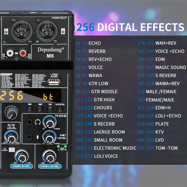 Alt view image 7 of 7 - M6 6 channel DJ mixer Portable Bluetooth MP3 Sound Mixing Console Built-in 256 digital effects with 48V Phantom Power, USB interface for computer recording Live Streaming,Podcasting,Karaok