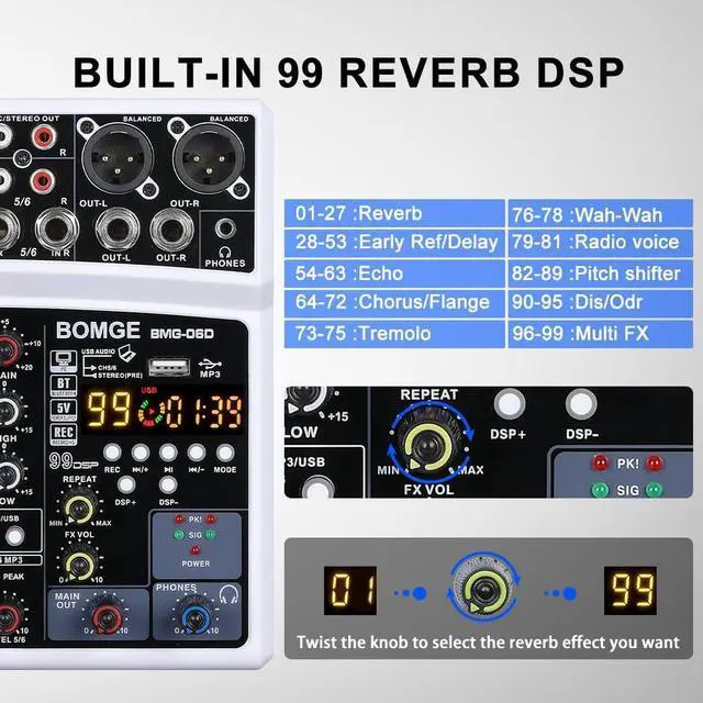 Alt view image 2 of 7 - 6 Channel Audio Sound Mixer - Professional Digital DJ Mixing Console for Live Streaming, Karaoke and Stereo Recording - With PC Computer Record Playback/Bluetooth/MP3/USB/48V /99 DSP