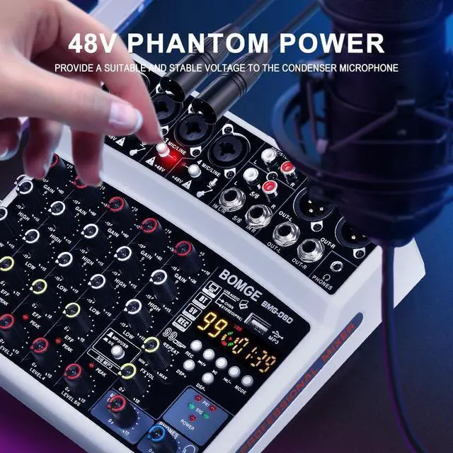 Alt view image 4 of 7 - 6 Channel Audio Sound Mixer - Professional Digital DJ Mixing Console for Live Streaming, Karaoke and Stereo Recording - With PC Computer Record Playback/Bluetooth/MP3/USB/48V /99 DSP