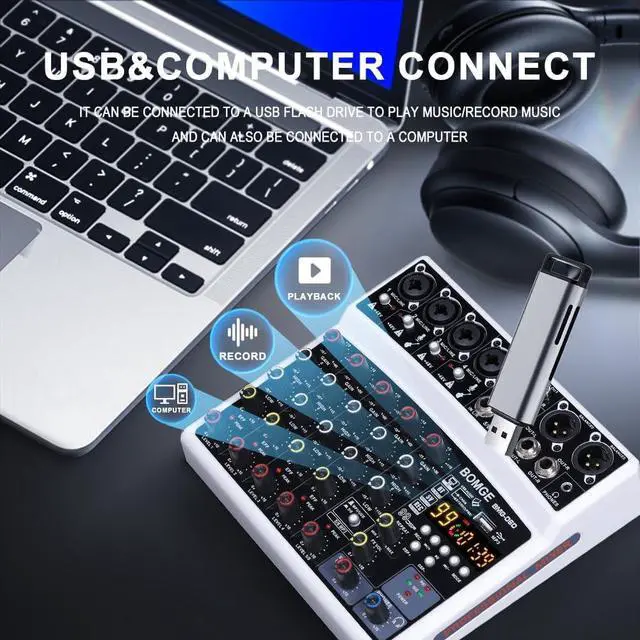 Alt view image 6 of 7 - 6 Channel Audio Sound Mixer - Professional Digital DJ Mixing Console for Live Streaming, Karaoke and Stereo Recording - With PC Computer Record Playback/Bluetooth/MP3/USB/48V /99 DSP