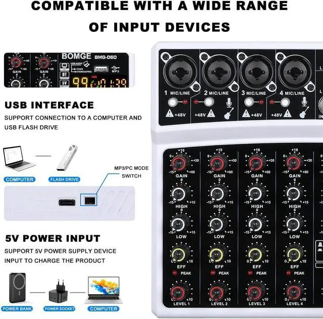 Alt view image 7 of 7 - 6 Channel Audio Sound Mixer - Professional Digital DJ Mixing Console for Live Streaming, Karaoke and Stereo Recording - With PC Computer Record Playback/Bluetooth/MP3/USB/48V /99 DSP