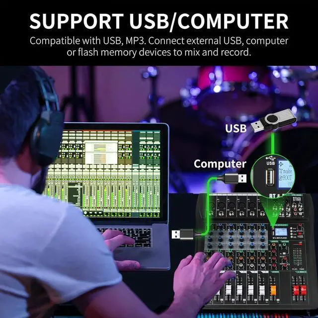 Alt view image 2 of 7 - Audio Mixer Sound Board Console 6 Channel for Recording Controller Audio Interface PC USB Bluetooth with Digital Effect 48V Phantom Power Input CT60