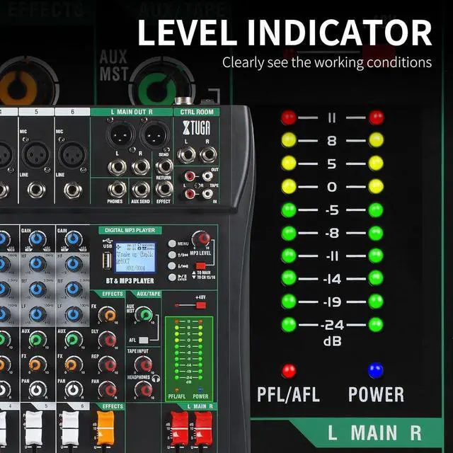 Alt view image 7 of 7 - Audio Mixer Sound Board Console 6 Channel for Recording Controller Audio Interface PC USB Bluetooth with Digital Effect 48V Phantom Power Input CT60