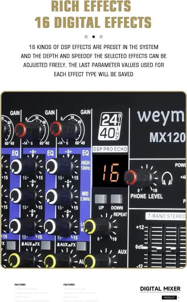 Alt view image 5 of 7 - MX-60 Professional Mixer (6-Channel) for Recording DJ Stage Karaoke/W Graphic Equalizer and DSP Effector w/USB Drive for Recording Input, XLR Microphone Jack, 48V Power, RCA Output
