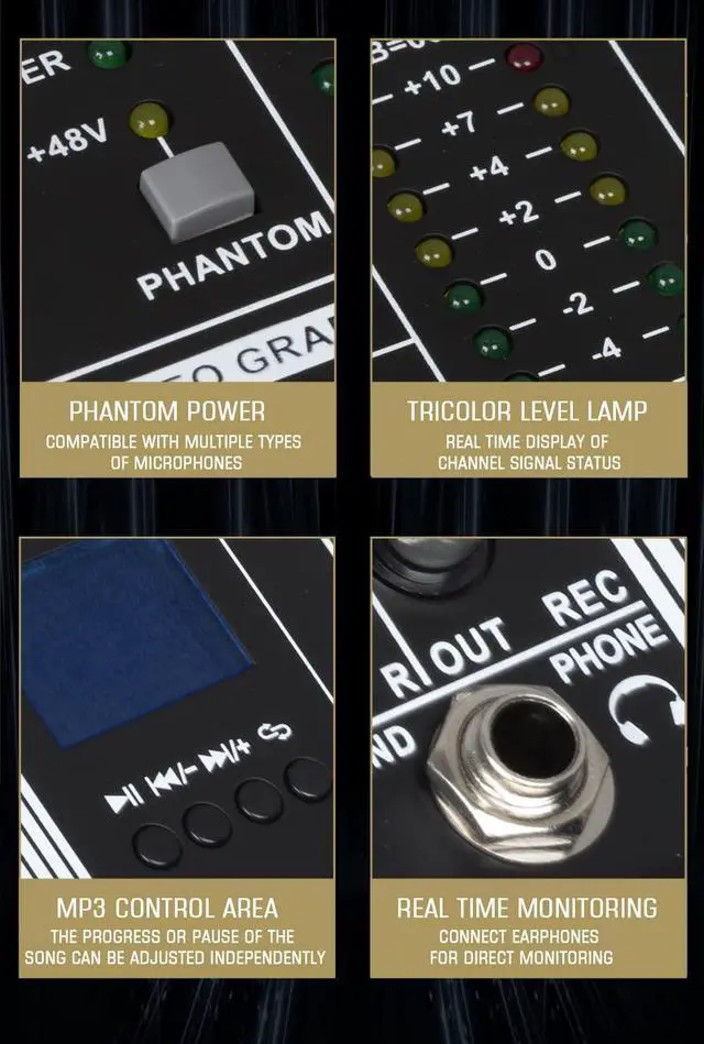 Alt view image 7 of 7 - MX-60 Professional Mixer (6-Channel) for Recording DJ Stage Karaoke/W Graphic Equalizer and DSP Effector w/USB Drive for Recording Input, XLR Microphone Jack, 48V Power, RCA Output