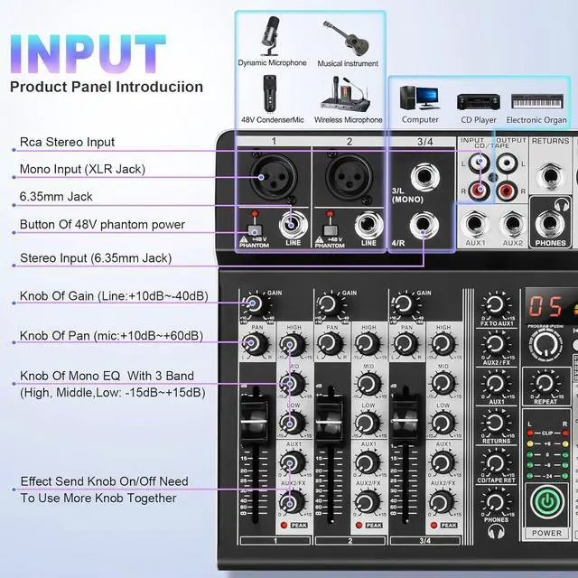 Alt view image 2 of 7 - 8 Channel Audio Mixer DJ Mixer Sound Board Console 16 Dsp USB Audio Interface MP3 Input +48V Phantom Bluetooth Studio Mixer Audio For Karaoke Streaming Recording