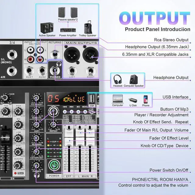 Alt view image 3 of 7 - 8 Channel Audio Mixer DJ Mixer Sound Board Console 16 Dsp USB Audio Interface MP3 Input +48V Phantom Bluetooth Studio Mixer Audio For Karaoke Streaming Recording