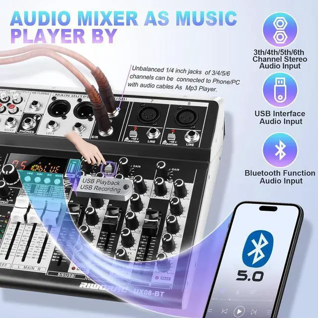 Alt view image 4 of 7 - 8 Channel Audio Mixer DJ Mixer Sound Board Console 16 Dsp USB Audio Interface MP3 Input +48V Phantom Bluetooth Studio Mixer Audio For Karaoke Streaming Recording