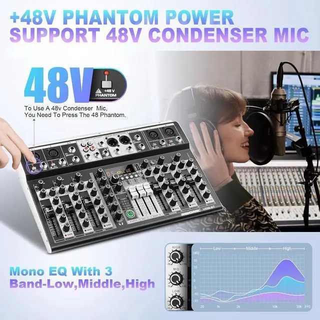 Alt view image 6 of 7 - 8 Channel Audio Mixer DJ Mixer Sound Board Console 16 Dsp USB Audio Interface MP3 Input +48V Phantom Bluetooth Studio Mixer Audio For Karaoke Streaming Recording