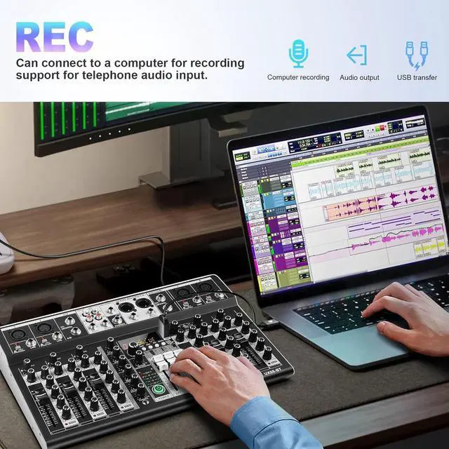 Alt view image 7 of 7 - 8 Channel Audio Mixer DJ Mixer Sound Board Console 16 Dsp USB Audio Interface MP3 Input +48V Phantom Bluetooth Studio Mixer Audio For Karaoke Streaming Recording
