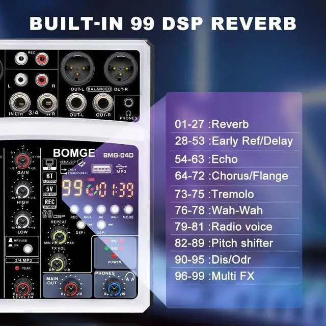 Alt view image 3 of 7 - 4 Channel dj Bluetooth Audio Mini Mixer with 99DSP Processor, USB Interface, Stereo Recording, 48V Phantom Power for PC,phone(White)