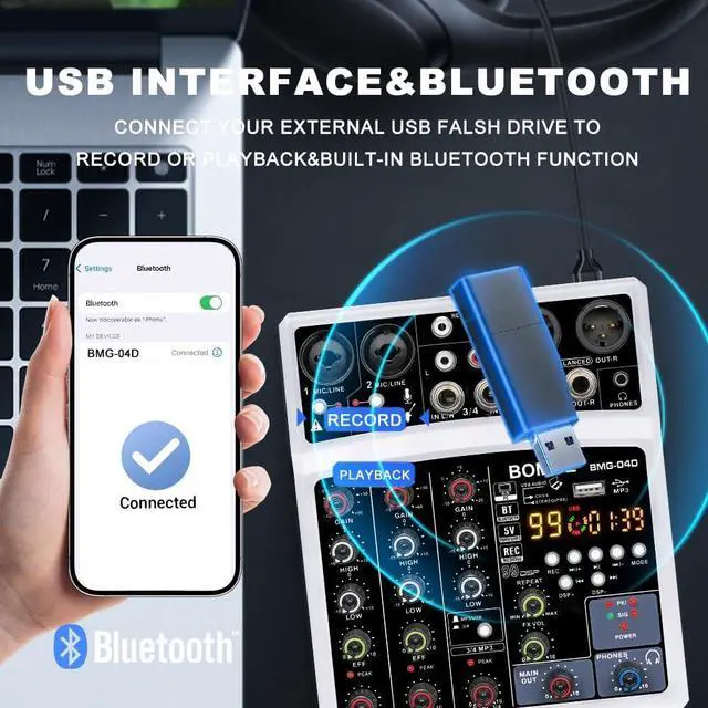 Alt view image 4 of 7 - 4 Channel dj Bluetooth Audio Mini Mixer with 99DSP Processor, USB Interface, Stereo Recording, 48V Phantom Power for PC,phone(White)