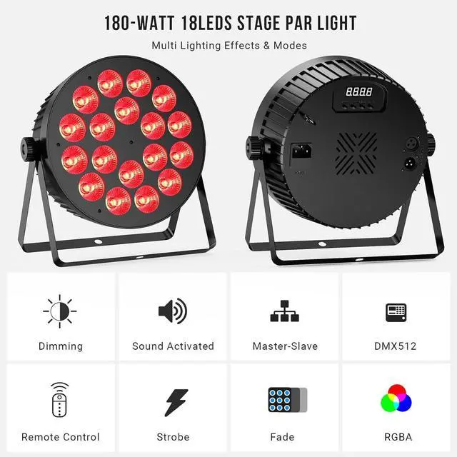 Alt view image 3 of 7 - 180W RGBA LED Par Lights - Remote & DMX Control - Sound Activated Master Slave - Uplights for Events Wedding Party Music Show Church Stage Band Performance - 2Pack