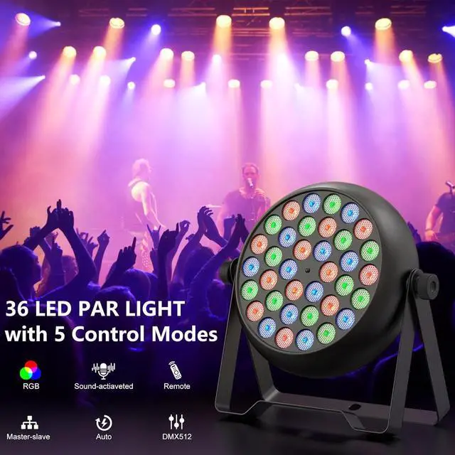 Alt view image 2 of 7 - 36 LED Stage Lights, Corded RGB Par Lights, 4/7 CH DMX Par Can, LED Stage Par with Sound Activated & DMX 512, Uplights for Wedding, Club, Event, Party, 4 Pack