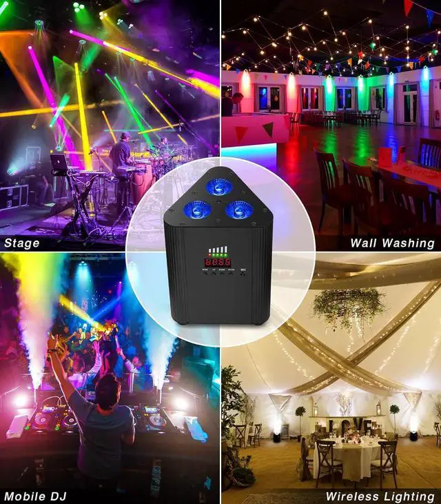 Alt view image 4 of 7 - Battery Powered Stage Par Lights -  Rechargeable Par Lights 2 Pack with 4IN1 RGBW Full Color LED Remote DMX Control Wireless Uplights for Event DJ Live Show Wedding Party Church Stage Lighting