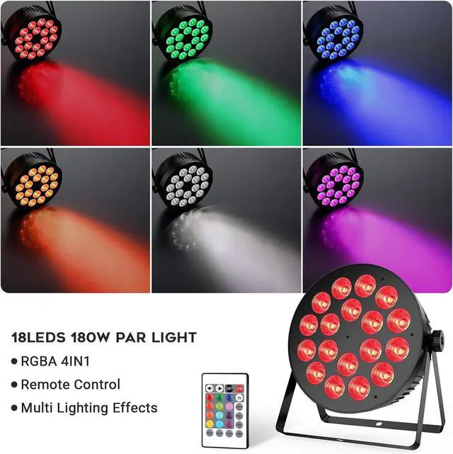 Alt view image 2 of 7 - LED Stage Par Light 2Pack- 180W 18LEDs RGBA Color Mixing - DMX & Remote Control - Sound Activated Smooth Dimming Uplights for Events DJ Party Church Wedding Live Show Club Band