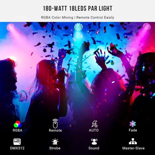 Alt view image 3 of 7 - LED Stage Par Light 2Pack- 180W 18LEDs RGBA Color Mixing - DMX & Remote Control - Sound Activated Smooth Dimming Uplights for Events DJ Party Church Wedding Live Show Club Band