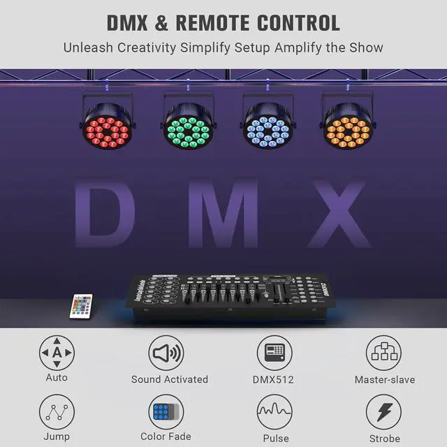Alt view image 5 of 7 - LED Stage Par Light 2Pack- 180W 18LEDs RGBA Color Mixing - DMX & Remote Control - Sound Activated Smooth Dimming Uplights for Events DJ Party Church Wedding Live Show Club Band