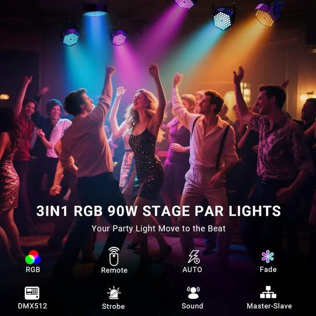 Alt view image 2 of 7 - RGB LED Par Stage Lights: 90W Brightness Adjustable - Remote DMX Control - Sound Activated Music Sync - Par Can Lights Great for DJ Wedding Party Church Mobile Gig Show Club Band Performance - 2 Pack