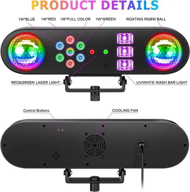 Alt view image 4 of 7 - DJ Lights with Stand,5 in 1 Dj Lights for Parties Disco Ball Stage Party Light Set with Sound Activated Control, UV,Strobe, Dyeing, Led Par Light and Pattern Lighting for Bar Wedding Christmas-1PC