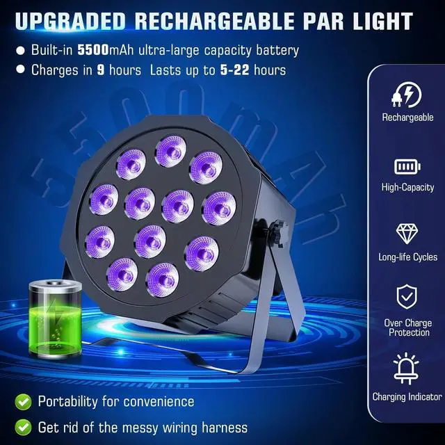 Alt view image 4 of 6 - Rechargeable Par Lights Uplights RGBWA+UV 6-in-1 LED Battery Powered Stage Lights with Remote & DMX Control, Sound Activated for Festivals, Weddings, Bars, Churches, DJ