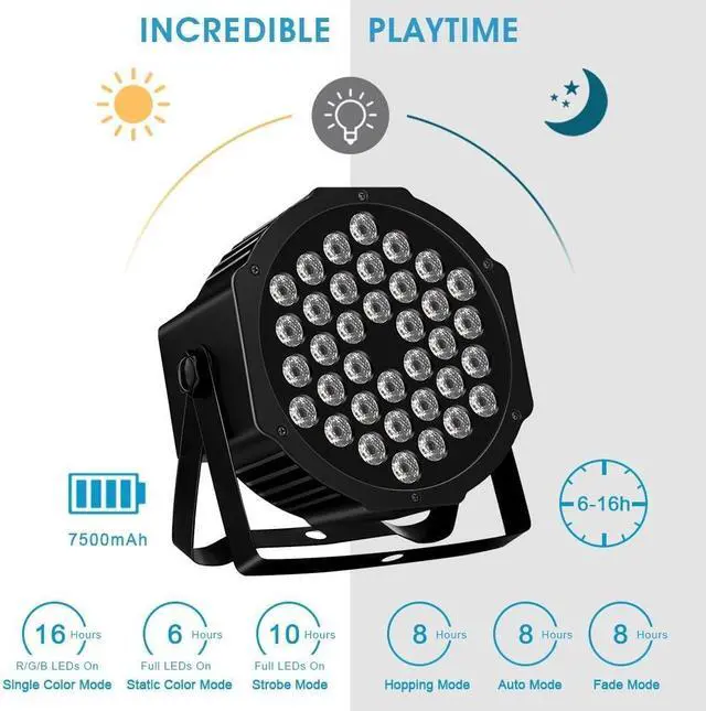 Alt view image 3 of 7 - Stage Par Lights Battery Powered - RGB 36W Rechargeable Par Light 2 Pack Sound Activated Auto Play by Remote DMX Control Uplights for Event Wedding Birthday Party Church Dance Show Stage Lighting