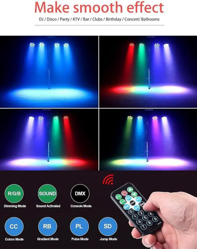 Alt view image 4 of 7 - 36 LED Stage Lights RGB DJ LED Par Light Remote & DMX Controlled Sound Activated Auto Play Uplighting for Wedding Birthday Christmas Holiday Music Show Dance Party Stage Lighting-4 Pack