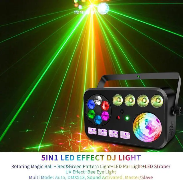 Alt view image 3 of 7 - LED Stage Party Light - 100W 5IN1 DJ Light with Disco Ball Green&Red Patterns UV/White Strobe Par Lighting Effects DMX Remote Control for Home Party Club Bar Music Dance Events