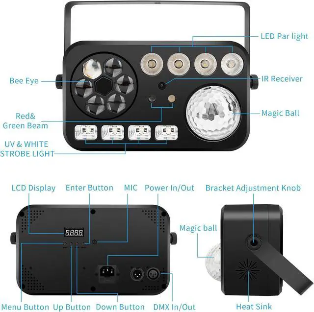 Alt view image 4 of 7 - LED Stage Party Light - 100W 5IN1 DJ Light with Disco Ball Green&Red Patterns UV/White Strobe Par Lighting Effects DMX Remote Control for Home Party Club Bar Music Dance Events