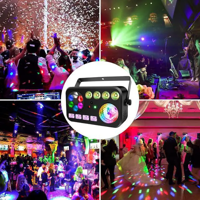 Alt view image 5 of 7 - LED Stage Party Light - 100W 5IN1 DJ Light with Disco Ball Green&Red Patterns UV/White Strobe Par Lighting Effects DMX Remote Control for Home Party Club Bar Music Dance Events