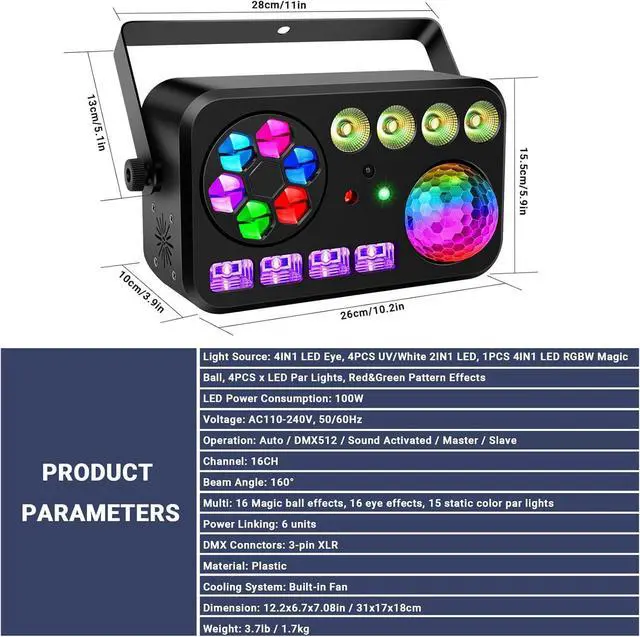 Alt view image 6 of 7 - LED Stage Party Light - 100W 5IN1 DJ Light with Disco Ball Green&Red Patterns UV/White Strobe Par Lighting Effects DMX Remote Control for Home Party Club Bar Music Dance Events