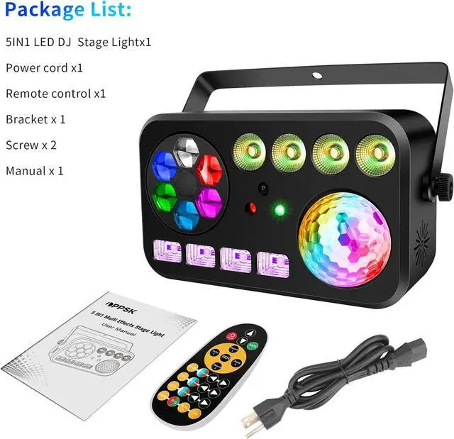 Alt view image 7 of 7 - LED Stage Party Light - 100W 5IN1 DJ Light with Disco Ball Green&Red Patterns UV/White Strobe Par Lighting Effects DMX Remote Control for Home Party Club Bar Music Dance Events