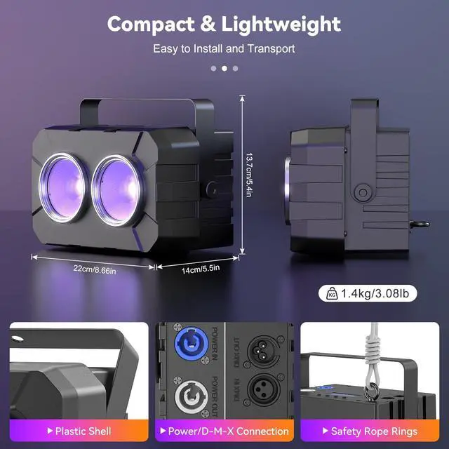 Alt view image 5 of 7 - 180W COB Stage Light, RGBW 4IN1 2-Eyes LED Par Can, Audience Casting DMX512 & Sound-Activated COB Par Lights, Blinder Stage Lights for DJ Party Wedding Bar Club Events