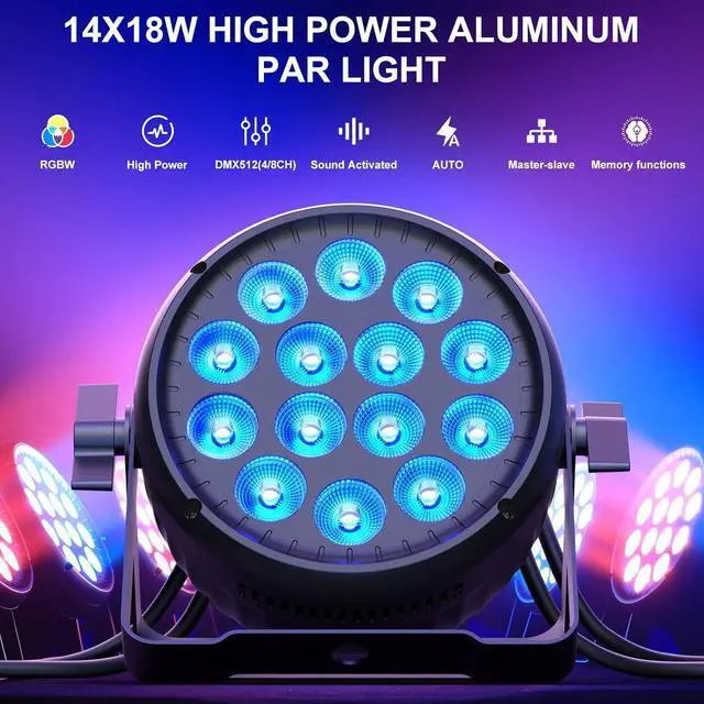 Alt view image 2 of 7 - Par Lights RGBW 4in1 14X18W LED Stage Lighting Aluminum Strobe Stage Light DMX512 Uplights with Sound Activated Party Lights for Church DJ Disco Club Wedding Concerts Christmas
