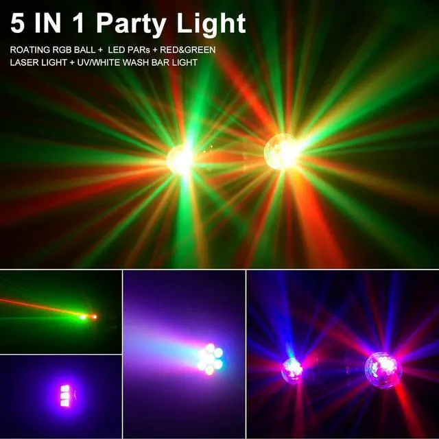 Alt view image 2 of 7 - DJ Lights with Stand,5 in 1 Dj Lights for Parties Disco Ball Stage Party Light Set with Sound Activated Control, UV,Strobe, Dyeing, Led Par Light and Pattern Lighting for Bar Wedding Christmas-1PC