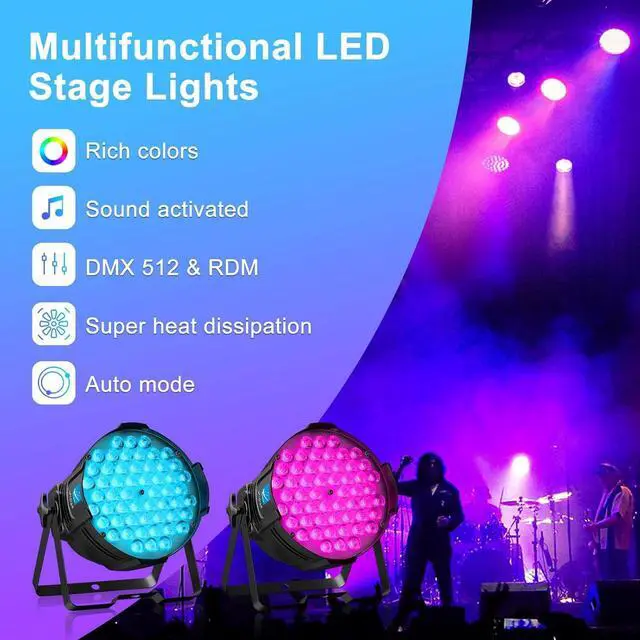 Alt view image 2 of 7 - Stage Par Lights 54 LED*4W DJ Light DMX & RDM Sound Activated Party Lights RGB Wash Light Disco Spotlight for Events, Church, Wedding, Theatre, Club, Gigs