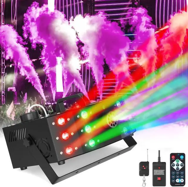 Main image of Fog Machine Smoke Machine with 12 LED Colorful Beam Light DMX Light Control & Manual Control & Wireless Remote Perfect for Indoor Outdoor Wedding, Halloween, Party and Stage Effect