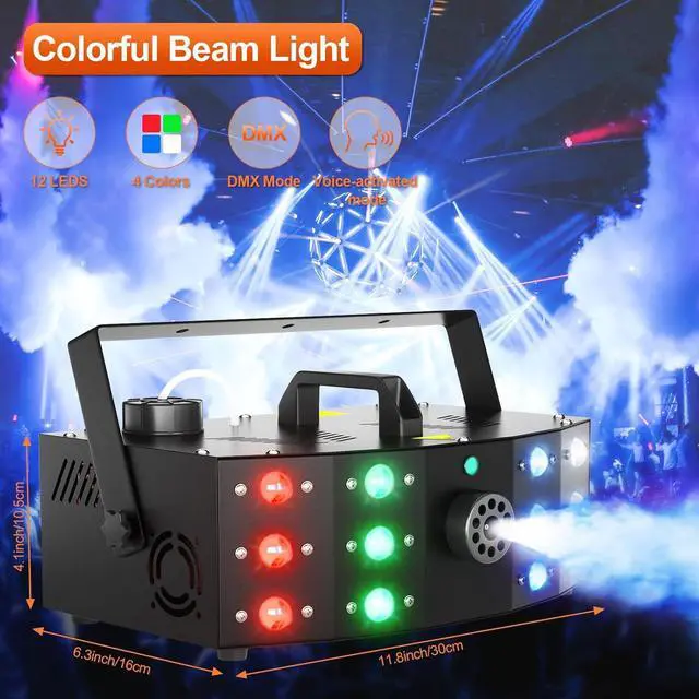Alt view image 3 of 7 - Fog Machine Smoke Machine with 12 LED Colorful Beam Light DMX Light Control & Manual Control & Wireless Remote Perfect for Indoor Outdoor Wedding, Halloween, Party and Stage Effect
