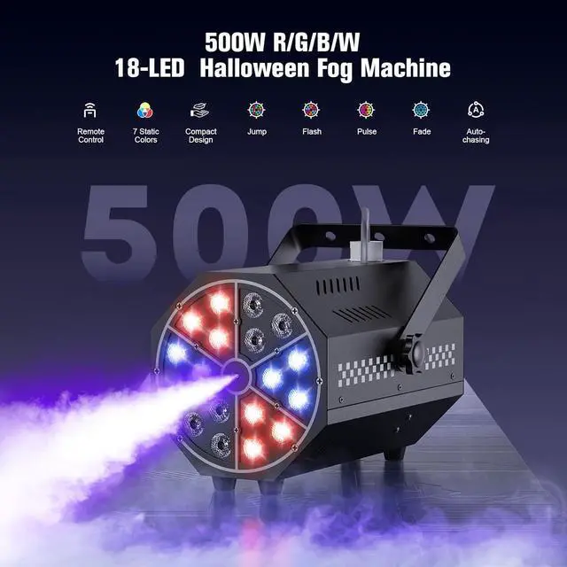 Alt view image 2 of 7 - Mini 500W 18-LED R/G/B Fog Machine Controlled by Remote with LED Auto-Chasing,Jump,Pulse,Strobe Mode and 7 Static Colors Ideal for Halloween Events,DJ Visual enhancements & Stage Productions