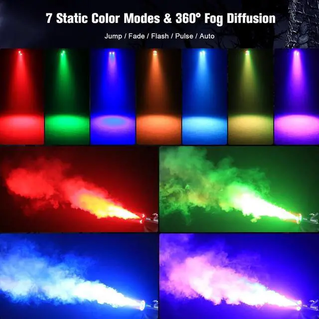 Alt view image 3 of 7 - Mini 500W 18-LED R/G/B Fog Machine Controlled by Remote with LED Auto-Chasing,Jump,Pulse,Strobe Mode and 7 Static Colors Ideal for Halloween Events,DJ Visual enhancements & Stage Productions
