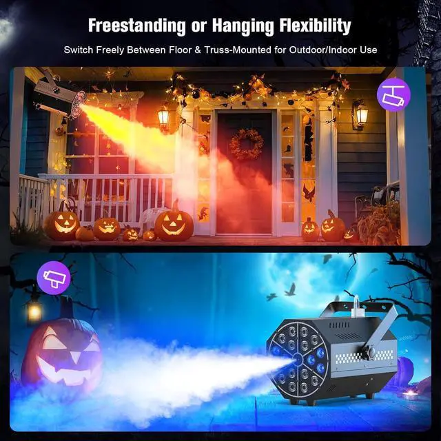 Alt view image 4 of 7 - Mini 500W 18-LED R/G/B Fog Machine Controlled by Remote with LED Auto-Chasing,Jump,Pulse,Strobe Mode and 7 Static Colors Ideal for Halloween Events,DJ Visual enhancements & Stage Productions