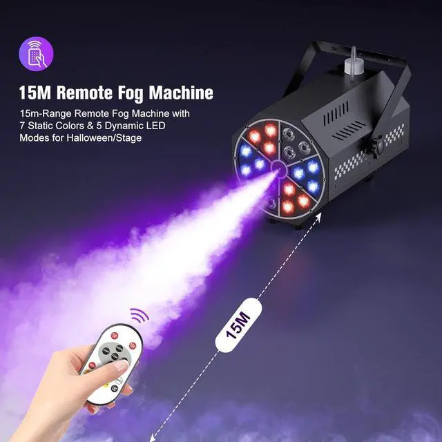 Alt view image 5 of 7 - Mini 500W 18-LED R/G/B Fog Machine Controlled by Remote with LED Auto-Chasing,Jump,Pulse,Strobe Mode and 7 Static Colors Ideal for Halloween Events,DJ Visual enhancements & Stage Productions